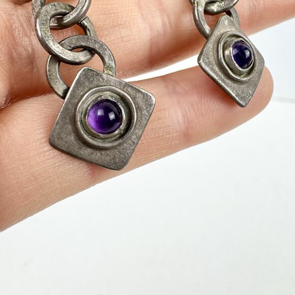 Vintage SCB Earrings 925 Sterling Silver Real Amethyst Purple Yellow Stone Chain - Picture 3 of 13